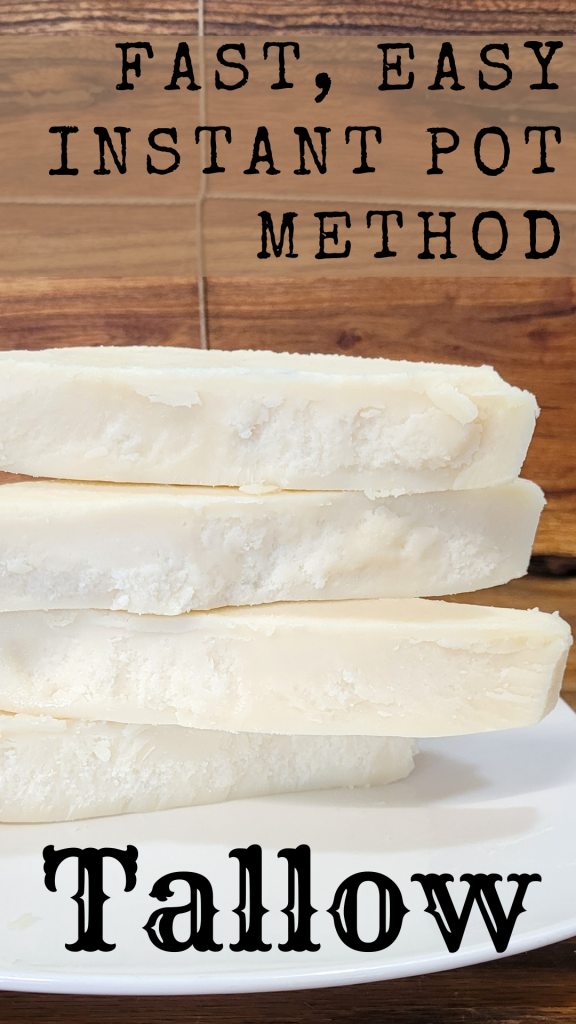 Image stacked broken tallow on a plate Text in image: fast, easy instant pot method tallow
